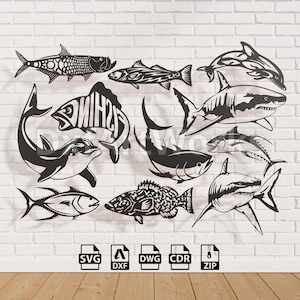 Fish set high quality wall decor vector file for laser cutting plasma cutting (dxf, dwg, cdr, svg) Metal and wood CNC machine.