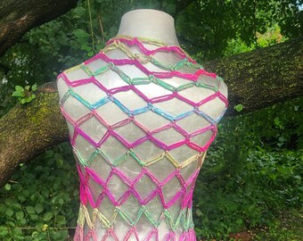 Handmade Crochet Rainbow Net Shawl
