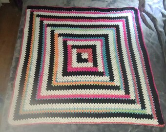 Colorful Handmade Log Cabin Quilt Inspired Granny Stitch Crochet Blanket