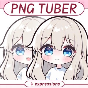 Può includere: Illustrazione digitale di due personaggi in stile anime con lunghi capelli chiari e grandi occhi blu. L'immagine presenta il testo "PNG TUBER" in alto e "4 espressioni" in basso, il tutto all'interno di una cornice rosa. I personaggi hanno espressioni facciali diverse.