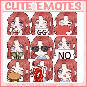 Pode incluir: Uma coleção de nove emotes fofos com uma garota de desenho animado com cabelo ruivo e olhos azuis. Os emotes exibem várias expressões e ações, incluindo comer pipoca, segurar um coração e segurar uma placa com a palavra "NO". O texto "CUTE EMOTES" está no topo.