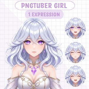 Peut inclure: Illustration numérique d'une PNGTuber Girl aux cheveux blancs et aux yeux violets. L'image comprend trois expressions supplémentaires du personnage. L'image principale montre le personnage portant une robe blanche avec un collier en gemme violette. Le texte "PNGTUBER GIRL" et "1 EXPRESSION" est en haut.
