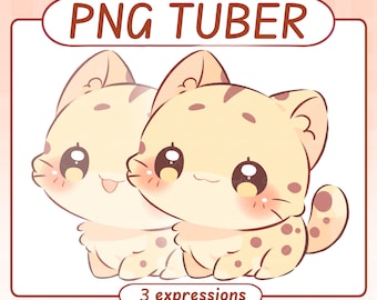 May include: Two cartoon kittens with tan fur and brown spots, each with large, expressive eyes and rosy cheeks. The image includes the text "PNG TUBER" at the top and "3 expressions" at the bottom, all within a rounded rectangular border.
