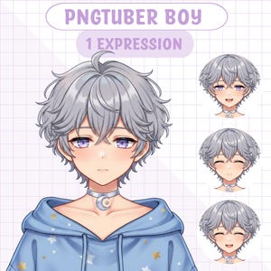 Puede incluir: Ilustración digital de un PNGTuber Boy con cabello gris y ojos morados, vistiendo una sudadera azul con detalles de estrellas. La imagen incluye tres expresiones adicionales. El texto "PNGTUBER BOY" y "1 EXPRESSION" es visible.