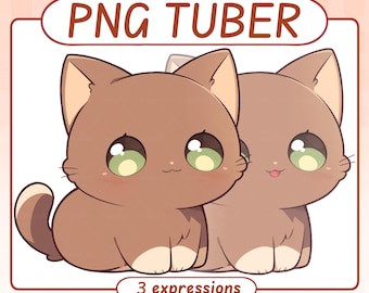 Puede incluir: Ilustración de dos gatitos de dibujos animados con grandes ojos verdes y mejillas rosadas. Los gatitos son marrones con orejas y patas color canela. El texto "PNG TUBER" está en la parte superior y "3 expressions" en la inferior.
