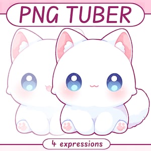 Puede incluir: Ilustración digital de dos gatos de dibujos animados blancos con grandes ojos azules y detalles en rosa. La imagen tiene el texto "PNG TUBER" en la parte superior y "4 expressions" en la parte inferior, todo dentro de un marco rosa.