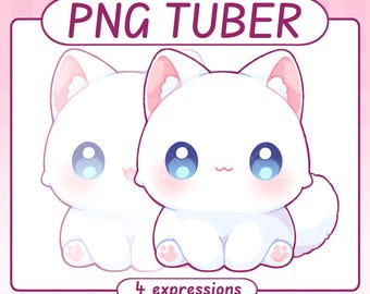 May include: A digital illustration of two white cartoon cats with large blue eyes and pink accents. The image has the text "PNG TUBER" at the top and "4 expressions" at the bottom, all within a pink frame.