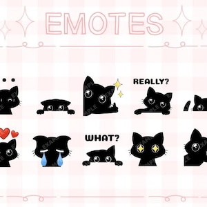 Puede incluir: Un conjunto de nueve emoticonos de gatos negros con diferentes expresiones, incluyendo un gato con corazones, un gato con lágrimas, un gato con un signo de interrogación y un gato con el pulgar hacia arriba. Los emoticonos están sobre un fondo a cuadros rosa y blanco con la palabra "EMOTES" en la parte superior.