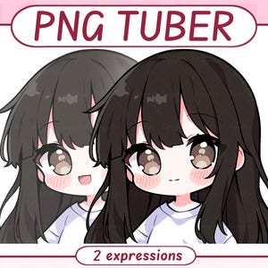 May include: Two cartoon avatars with long black hair and large eyes, wearing white tops. The image has the text "PNG TUBER" at the top and "2 expressions" at the bottom, within a pink frame. The avatars have different facial expressions.