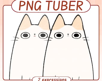 May include: Illustration of two white cartoon cats with black outlines and large eyes. The cats have tan-colored ears and are labeled "PNG TUBER" and "2 expressions". The image has a soft, cartoonish style.