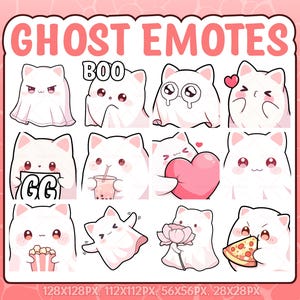 May include: A collection of white cat ghost emotes with various expressions, including angry, sad, and loving. The text "GHOST EMOTES" is displayed at the top in pink, with "BOO" in a speech bubble. The emotes are in different sizes, as indicated at the bottom.
