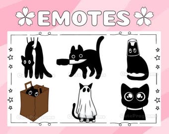 以下が含まれることがあります： 黒と白の猫の絵文字のセット。絵文字には、ナイフを持った猫、バッグに入った猫、頭にガラスを乗せた猫、幽霊の衣装を着た猫、目が大きい猫、そして紐からぶら下がっている2匹の猫が含まれています。