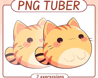 May include: Two cartoon orange tabby cat illustrations with the text "PNG TUBER" at the top and "2 expressions" at the bottom. The cats have black stripes, pink cheeks, and are smiling.
