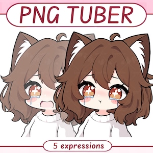 Peut inclure: Deux personnages de dessins animés aux cheveux bruns et aux oreilles de chat, chacun avec une expression triste et des larmes. Ils portent des chemises blanches. L'image contient le texte "PNG TUBER" et "5 expressions".