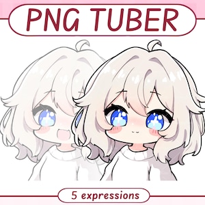 Op de afbeelding: Een digitale illustratie van een stripfiguur met wit haar en grote blauwe ogen. Het personage draagt een witte trui. De afbeelding bevat de tekst "PNG TUBER" en "5 expressions".