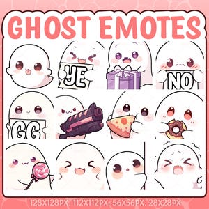 May include: A collection of cute ghost emotes with various expressions and holding objects like a gift, pizza, and a gun. The text "GHOST EMOTES" is at the top, with pixel dimensions at the bottom. The ghosts are white with pink accents.