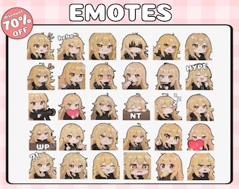 May include: A set of 36 animated emotes featuring a cartoon character with blonde hair and different expressions. The emotes include text such as "hehe", "Hype", "NT", "WP", and "Zzz".