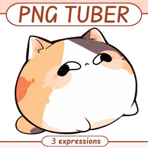 Peut inclure: Illustration de chat rond avec corps blanc, taches orange et marron, yeux noirs. Le texte "PNG TUBER" est en haut et "3 expressions" en bas, tous deux dans un ovale marron.