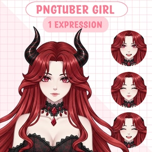 Puede incluir: Ilustración digital de una chica PNGTuber con pelo largo rojo, ojos rojos y cuernos negros. Lleva un collar negro con una gema roja y un top negro. La imagen incluye tres expresiones faciales adicionales.