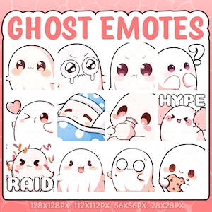 May include: A collection of cute ghost emotes in various expressions, including crying, sleeping, and eating a cookie. The text "GHOST EMOTES", "HYPE", and "RAID" are displayed in pink. Image sizes are listed at the bottom.
