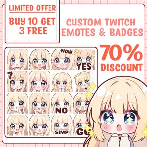 Peut inclure: Image promotionnelle pour des emotes et badges Twitch personnalisés. Présente des emotes de personnages de style anime avec diverses expressions. Le texte comprend "OFFRE LIMITÉE", "ACHETEZ 10 OBTENEZ 3 GRATUITS", "EMOTES & BADGES TWITCH PERSONNALISÉS" et "70% DE RÉDUCTION."