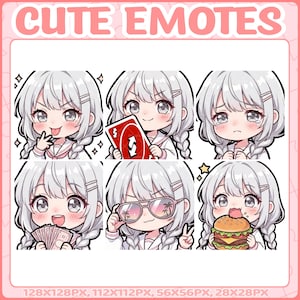 Könnte beinhalten: Sechs Anime-Emotes mit einem Mädchen mit silbernen Haaren und verschiedenen Gesichtsausdrücken. Die Emotes zeigen ein Peace-Zeichen, eine Uno-Karte, weinen, Geld halten, eine Sonnenbrille tragen und einen Burger essen. Der Text "CUTE EMOTES" steht oben.