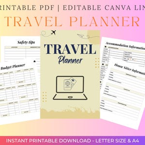 Digital reseplanerare | Redigerbar Canva-länk / Utskrivbar PDF | Semesterplan, budget-/packningsorganisatör | Resedagbok för resenärer
