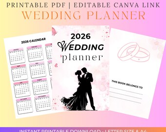 Könnte beinhalten: Ein druckbarer Hochzeitsplaner für 2026 mit Kalender und Platz für persönliche Angaben. Das Design zeigt eine Paarsilhouette und den Text "THIS BOOK BELONGS TO". Erhältlich in A4 und Letter-Format, mit dem Text "PRINTABLE PDF | EDITABLE CANVA LINK WEDDING PLANNER".