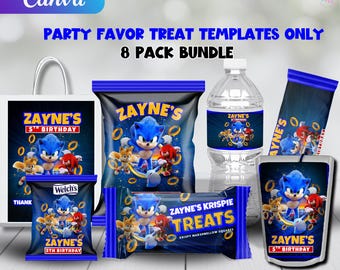 Personalized Sonic Birthday Party Favor Bundle, Editable Sonic Birthday Party Favor Templates, Sonic Printable Labels, Edit in Canva,