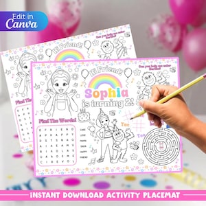 May include: Two printable activity placemats for a birthday party. The placemats feature a rainbow, the text "Hi Friend!", and the name "Sophia is turning 2!". One placemat has a word search, the other a maze. A hand holds a pencil.