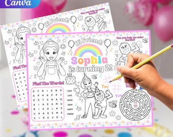 Op mevrouw Rachel geïnspireerde activiteitenplacemat | Leuke kleurplaat kinderverjaardagsfeestje | Afdrukbaar gezelschapsspel | Bewerken in canva Activiteit mevrouw Rachel