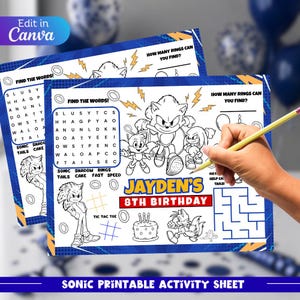 Può includere: Un foglio di attività stampabile a tema Sonic per un ottavo compleanno. La pagina presenta un cruciverba, un labirinto, una griglia per il tris e illustrazioni da colorare di Sonic, Tails e Knuckles con il testo Jayden's 8th Birthday.