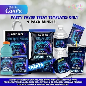 Op de afbeelding: Een bundel met sjablonen voor feestartikelen met een gamingthema. Inclusief chipszakken, waterflesetiketten, sapzaketiketten en meer. Het ontwerp toont een gloeiende gamecontroller en de tekst "Game On!" en "Level 10."