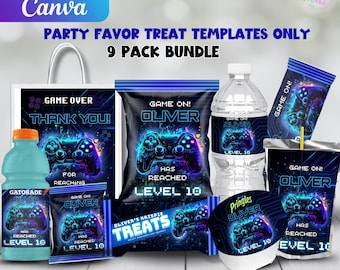 Gamer Birthday Party Favor Template Bundle | Video Game Party Pintables | Editable Canva Gamer Chip Bag, Water Label, Gatorade Label