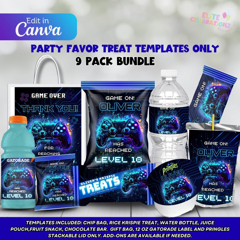 May include: A party favor treat template bundle featuring a gaming theme. Includes chip bags, water bottle labels, juice pouch labels, and more. The design incorporates a glowing game controller and the text "Game On!" and "Level 10".
