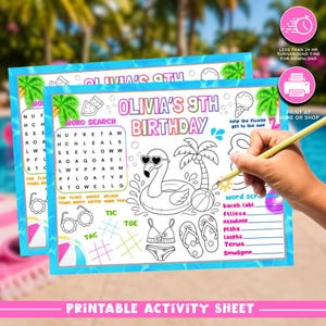 Pool Party Birthday Activity Sheets, Printable Kids Pool Party Games, Summer Birthday Activity Pack, Girl Pool Party Printable