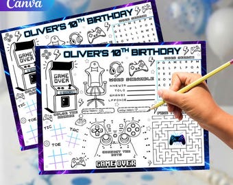 Gamer Birthday Activity Placemat Printable, Gamer Party Coloring Sheet