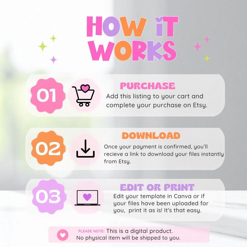 May include: A colorful graphic with the text "HOW IT WORKS" in pink and orange. The image details the steps to purchase, download, and edit or print a digital product. Includes a shopping cart, a download icon, and a laptop icon.