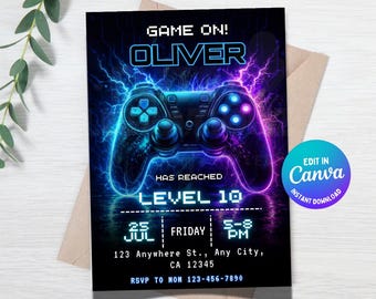 Gamer Birthday Invitation, Editable Canva Invite, Video Game Party Invite, Level up birthday invitation