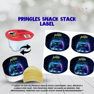 May include: A Pringles snack stack label design featuring a gaming theme. The label includes a controller graphic, the name "Oliver", and "Level 10". The image also shows a Pringles container and chips.