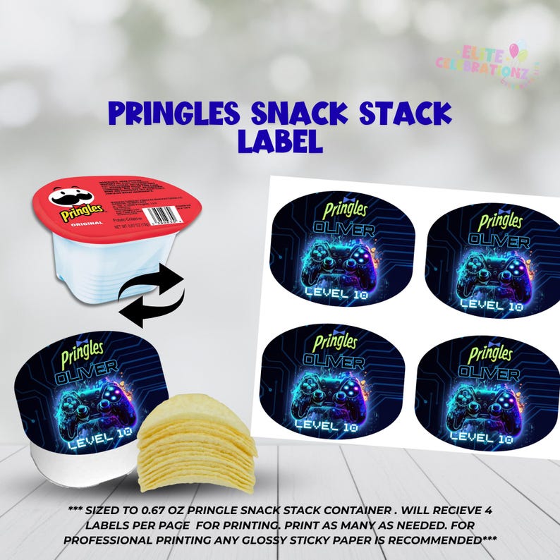 May include: A Pringles snack stack label design featuring a gaming theme. The label includes a controller graphic, the name "Oliver", and "Level 10". The image also shows a Pringles container and chips.