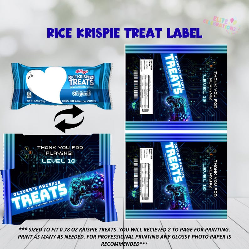 May include: A blue and white Rice Krispie Treats label design with a gaming theme. The label features a controller graphic, the text "Oliver's Krispie Treats," and "Thank you for playing! Level 10."
