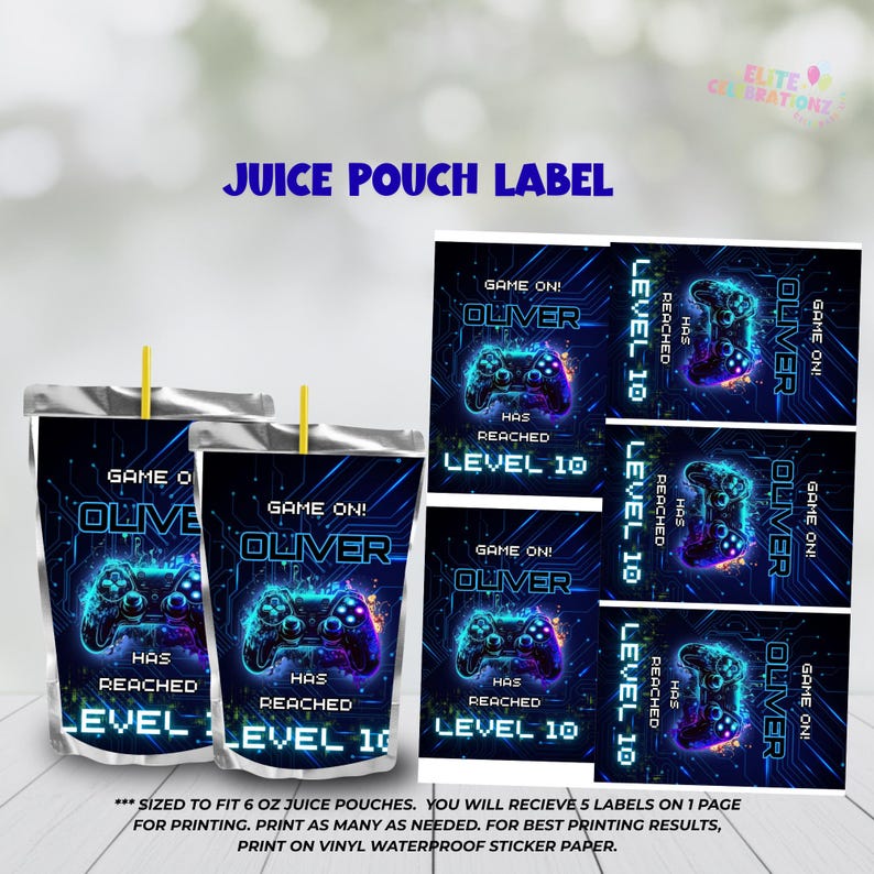 May include: Juice pouch labels and juice pouches with a gaming theme. The labels and pouches feature a neon blue and purple controller design with the text "GAME ON! OLIVER HAS REACHED LEVEL 10". The labels are sized to fit 6 oz juice pouches.