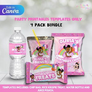 Könnte beinhalten: Rosa Party-Printable-Vorlagen-Bundle für den ersten Geburtstag. Enthält Wasserflaschenetikett, Chipstüte, Saftbeutel und Reis-Krispie-Treat-Verpackung. Mit einem Cartoon-Mädchen, Regenbogen und dem Text "Olivia's 1st Birthday".