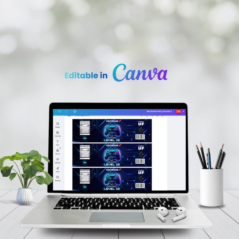 May include: A laptop displays a design for Gatorade labels with a gaming theme. The labels feature a blue and black color scheme, a game controller graphic, and the text "LEVEL 10" and "UP". The text "Editable in Canva" is also visible.