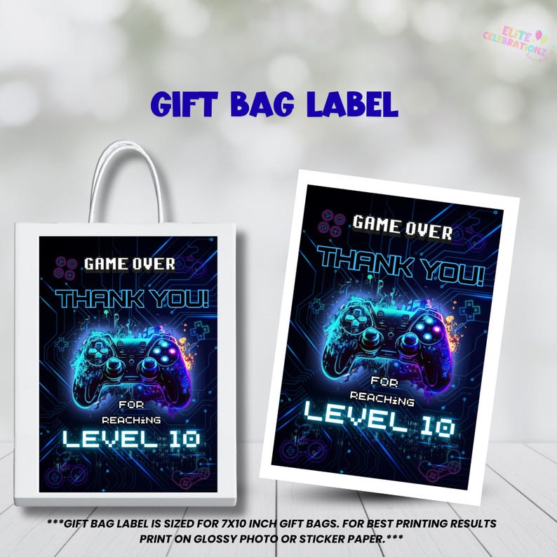 May include: White gift bag and card featuring a neon blue and purple video game controller design. The text reads "Game Over, Thank You! For Reaching Level 10". The design is set against a circuit board background.