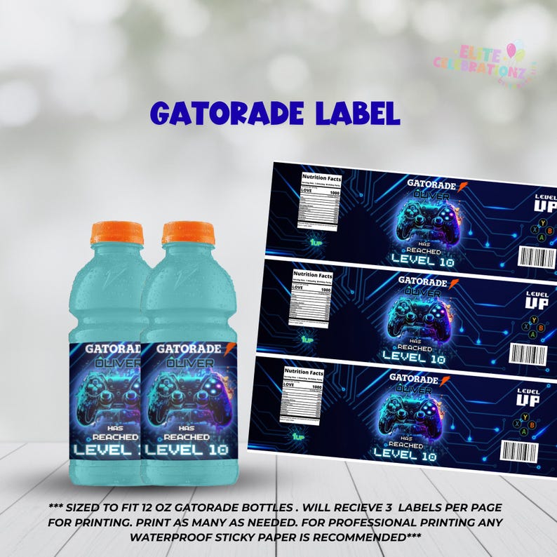 May include: Two light blue Gatorade bottles with orange caps and custom labels. The labels feature a video game controller graphic, the text "Gatorade Oliver", and "Level 10". The image also shows printed label sheets with the same design.