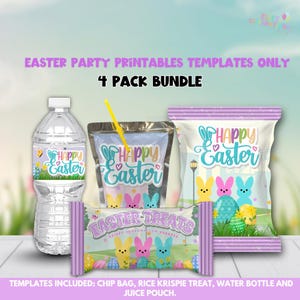 May include: An assortment of Easter-themed printable templates, including a water bottle label, chip bag, rice krispie treat wrapper, and juice pouch. The designs feature pastel colors, Easter eggs, and bunny characters. Text reads "Happy Easter" and "Easter Treats."