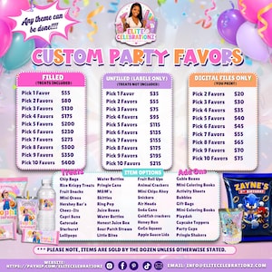 Può includere: Un listino prezzi per bomboniere personalizzate di Elite Celebrationz con tre colonne per opzioni riempite, vuote e digitali. La grafica include elenchi di dolcetti, opzioni di articoli e componenti aggiuntivi, con i contatti in basso.