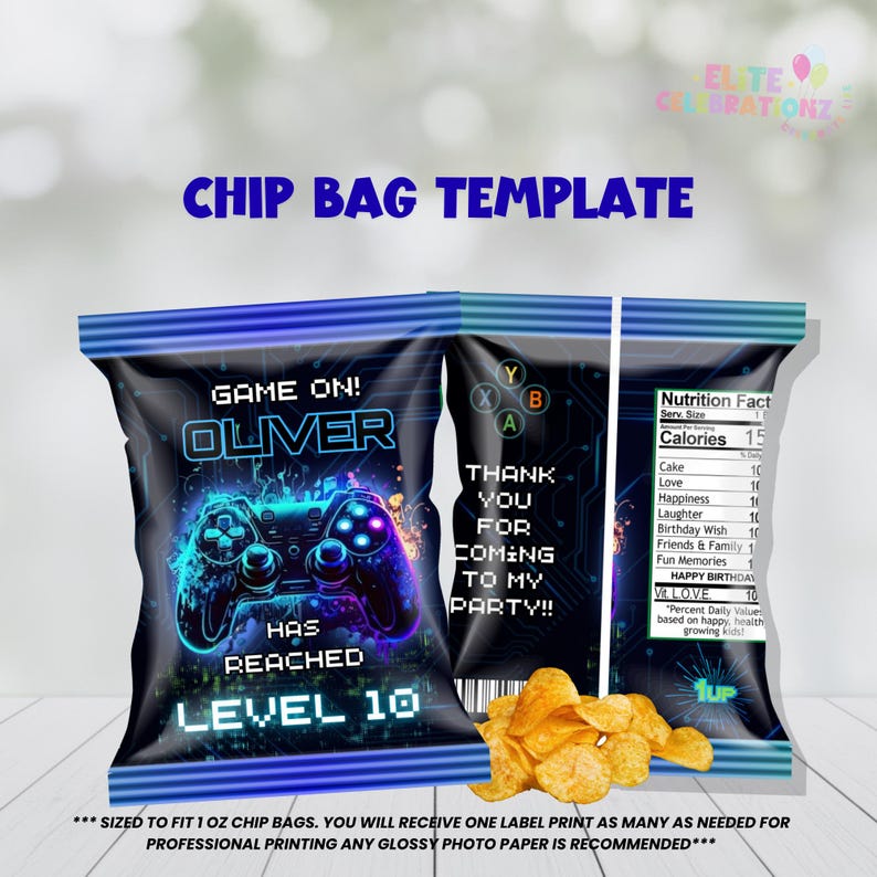 May include: A black chip bag template with a neon blue and purple video game controller graphic. The text reads "GAME ON! OLIVER HAS REACHED LEVEL 10." The bag also includes a nutrition facts label and the text "THANK YOU FOR COMING TO MY PARTY!!"